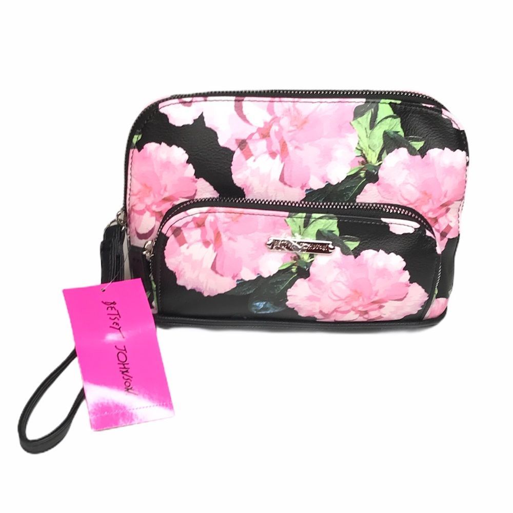 Betsey Johnson Floral Dome Wristlet, Black, Pink